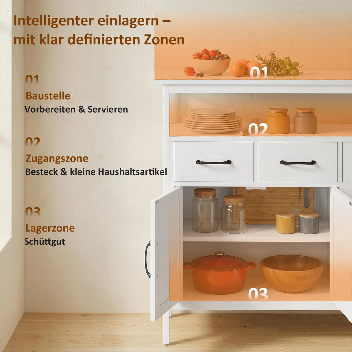 White Sideboard with Adjustable Shelves and 3 Drawers