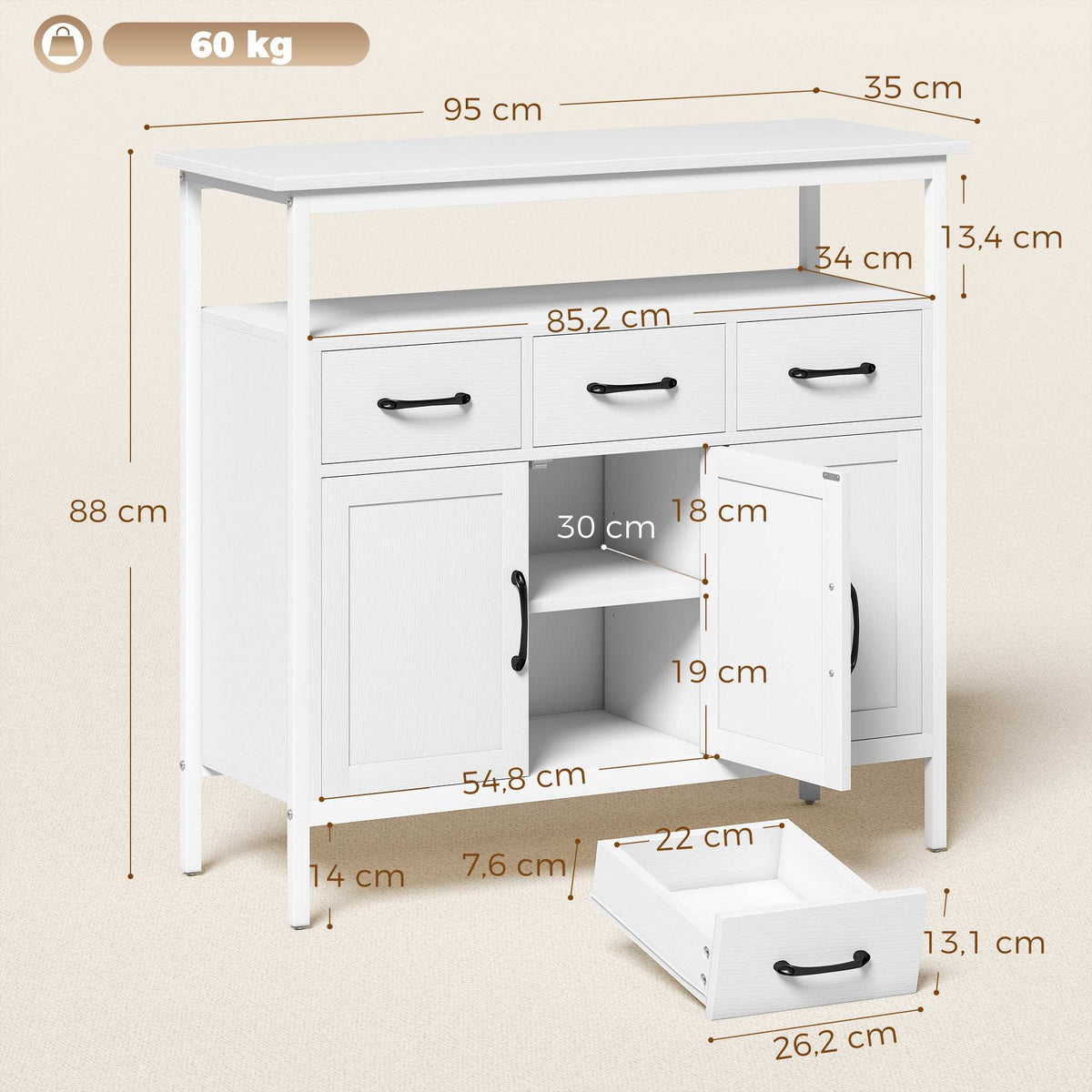 White Sideboard with Adjustable Shelves and 3 Drawers