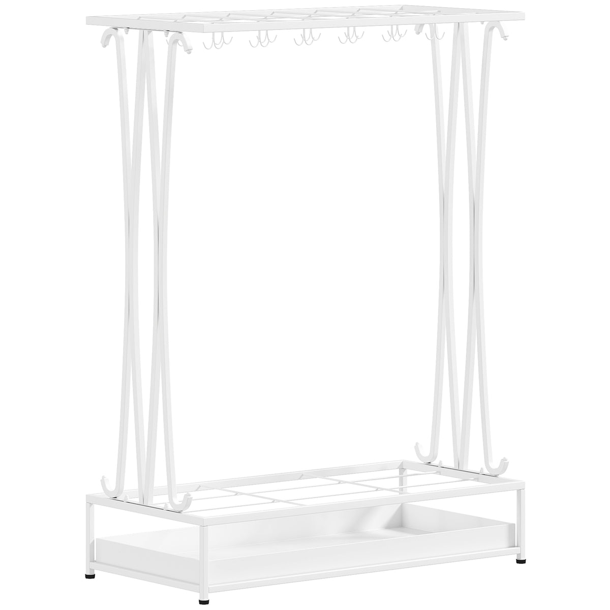 White Steel Umbrella Stand with Drip Tray and 24 Hooks