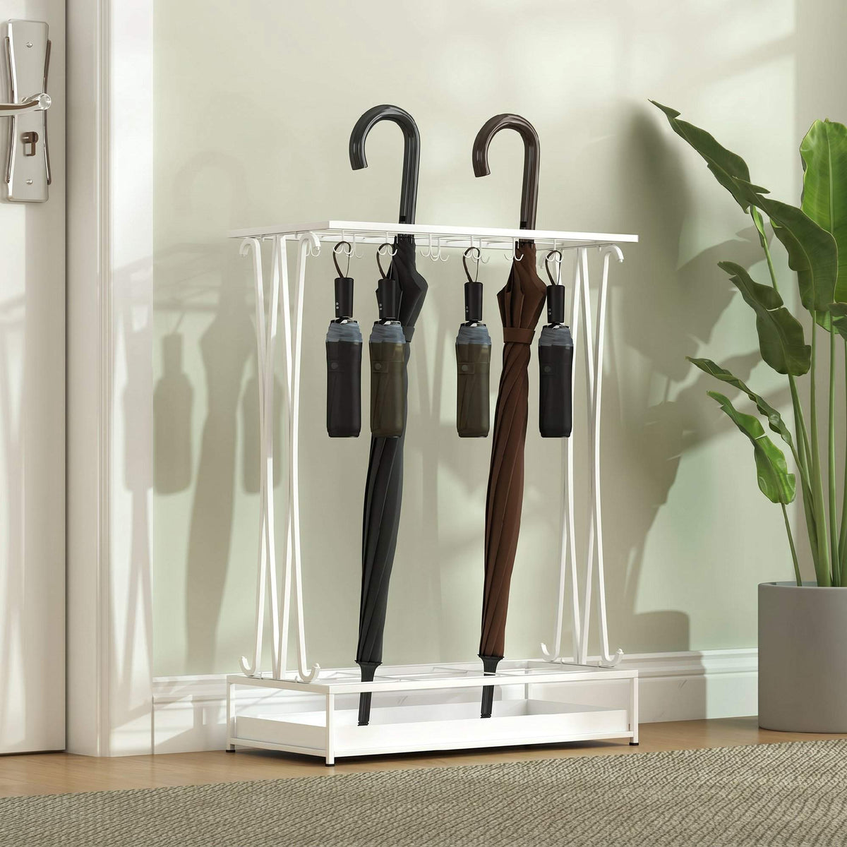 White Steel Umbrella Stand with Drip Tray and 24 Hooks