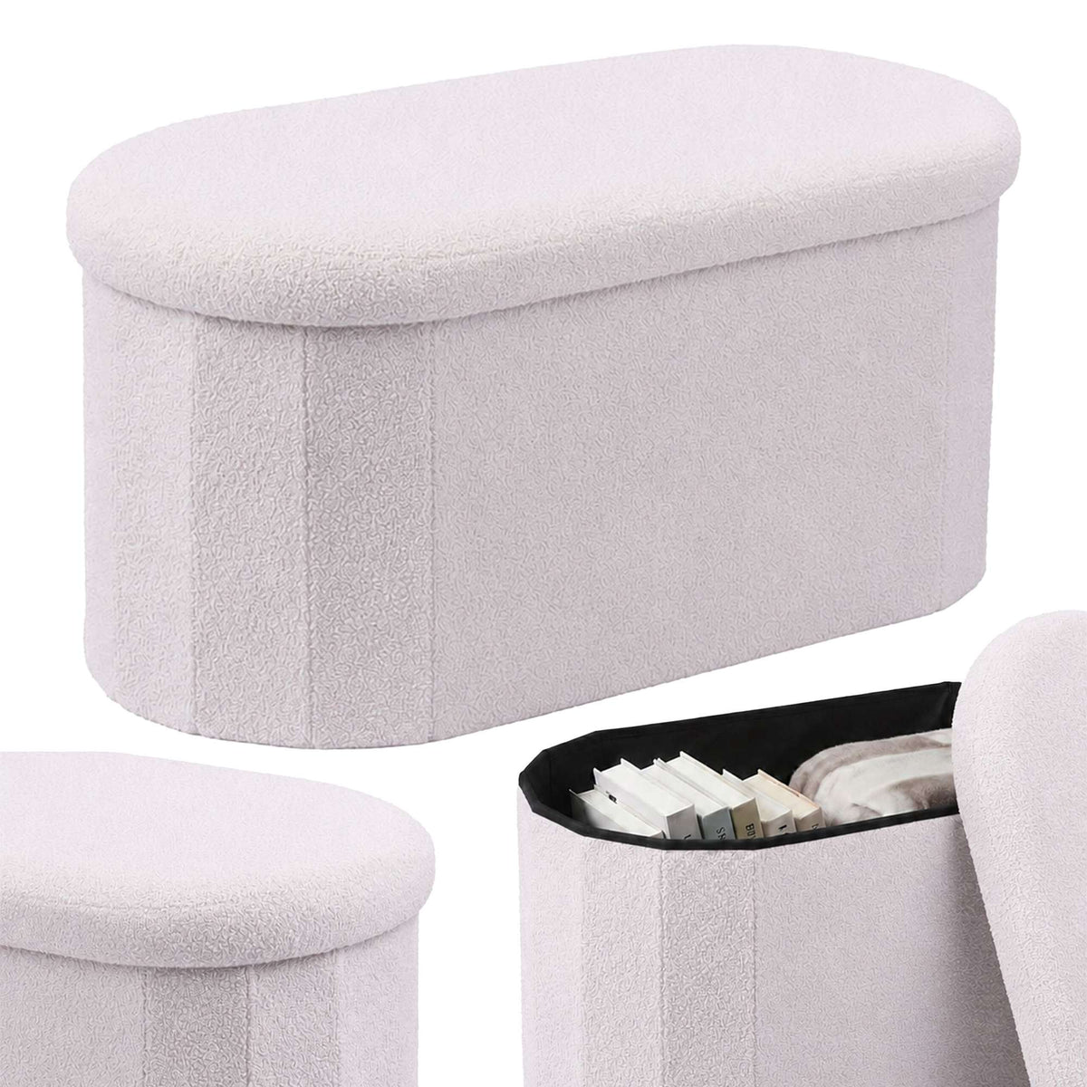 White Teddy Fabric Storage Bench – Upholstered Oval Seat