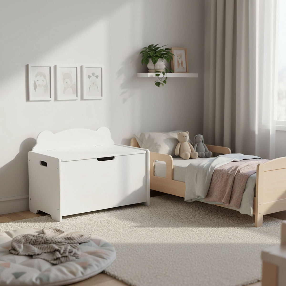 White Toy Chest with Lid – Bear Silhouette Design