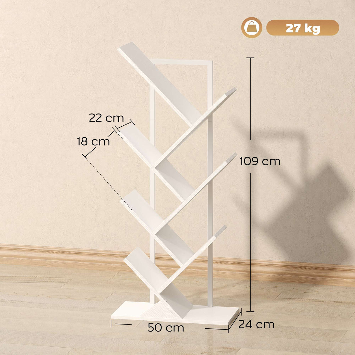 White Tree-Shaped Bookshelf, 7-Tier Narrow Design