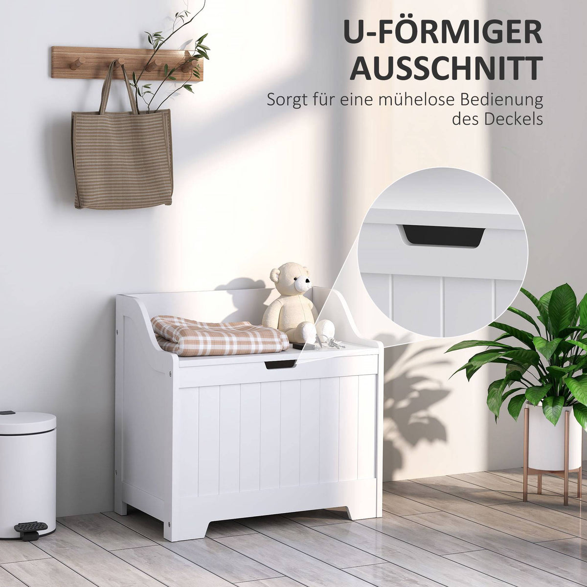 White Wooden Storage Chest with Lid, 61L Capacity