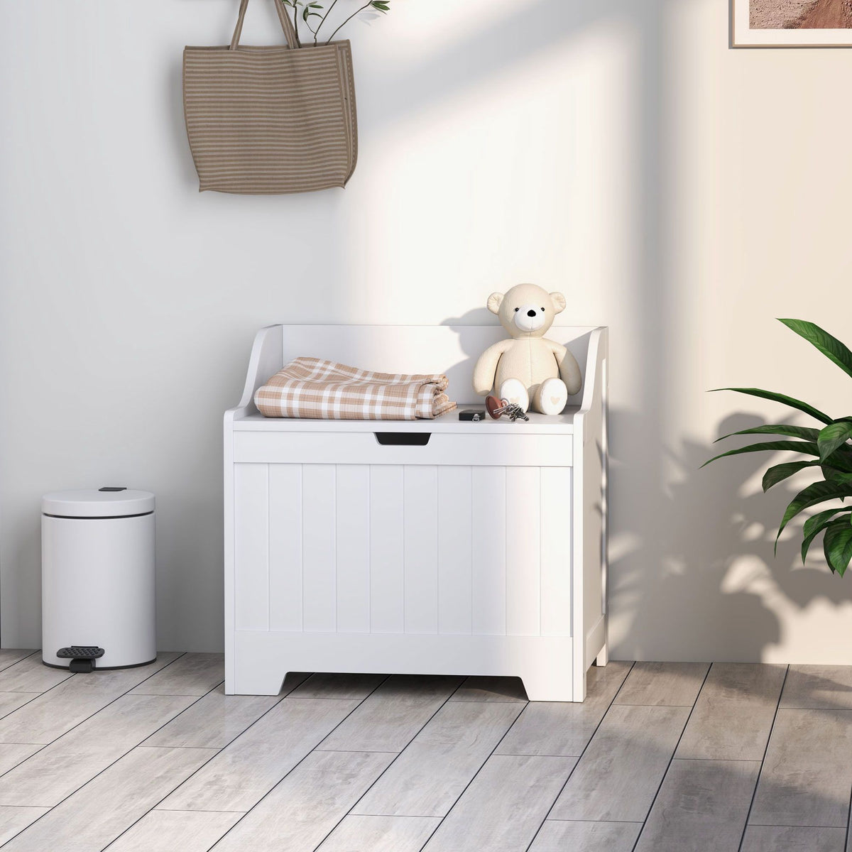 White Wooden Storage Chest with Lid, 61L Capacity