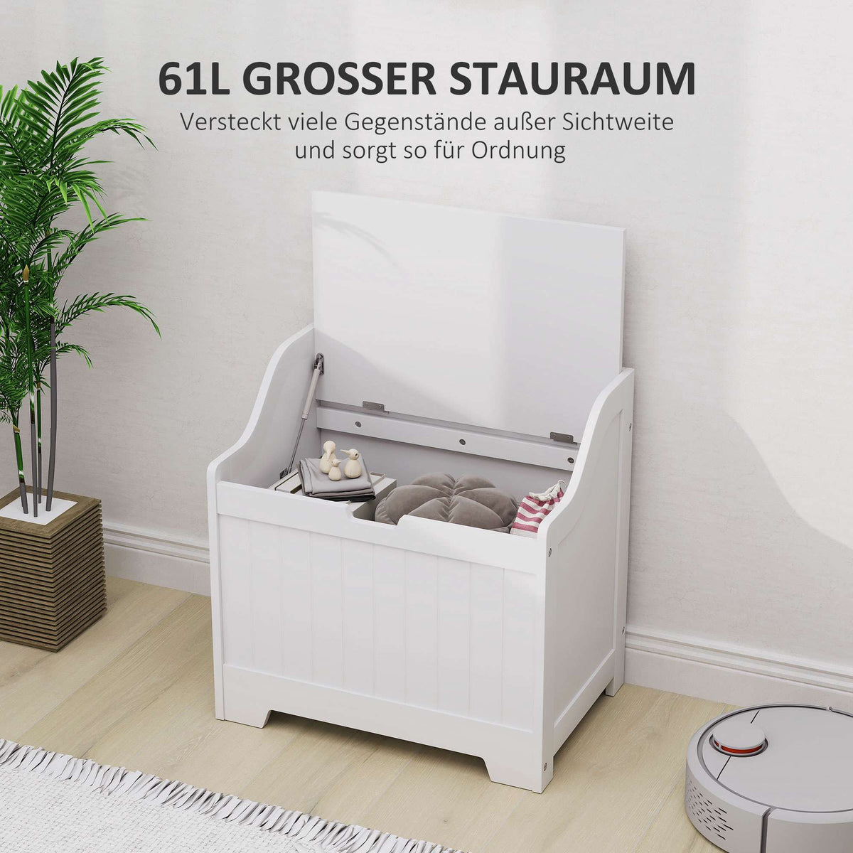 White Wooden Storage Chest with Lid, 61L Capacity