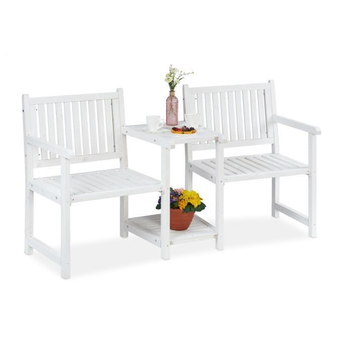 White garden bench with table