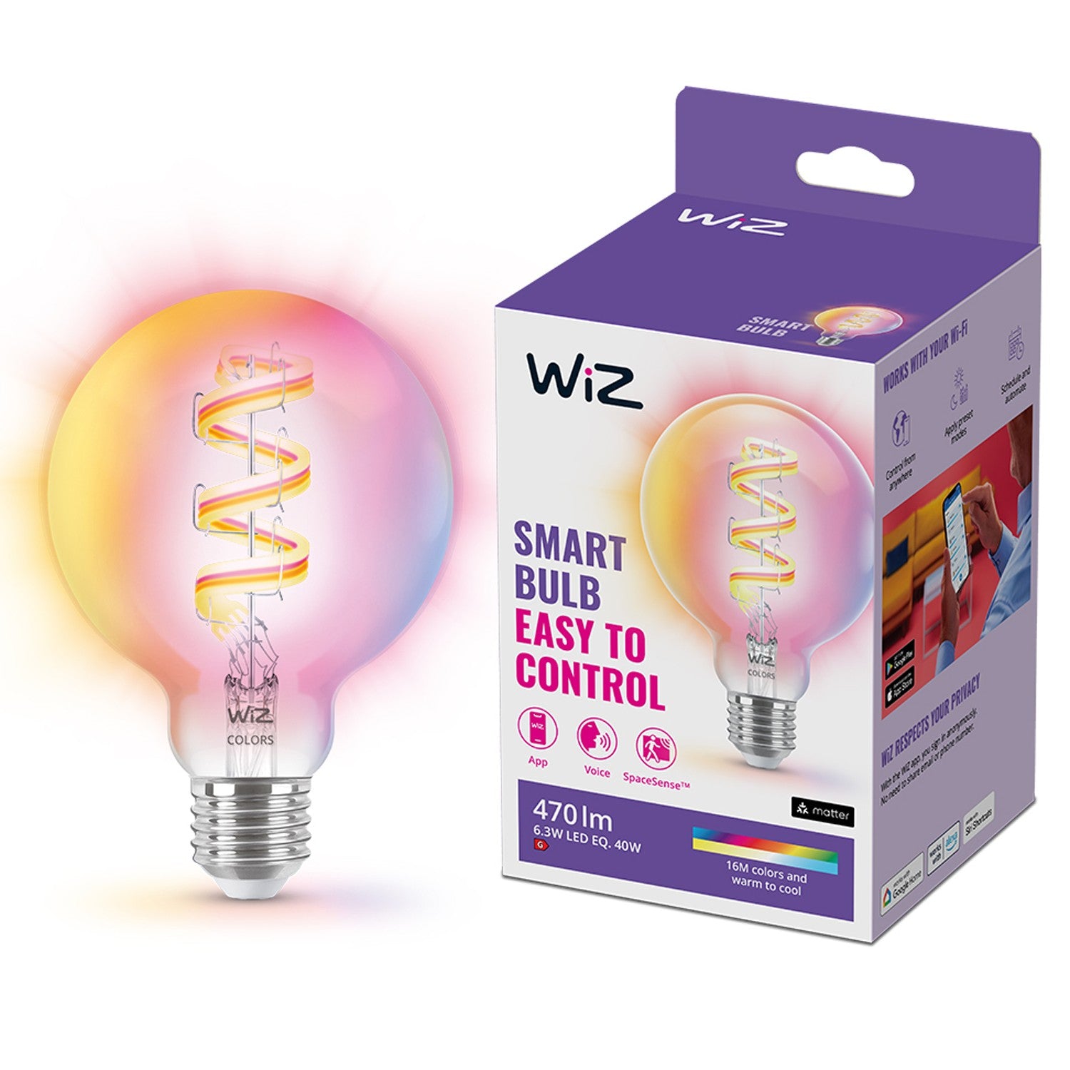 WiFi Smart LED E27 G95 40W Filament Color + Warm-cool white 470lm
