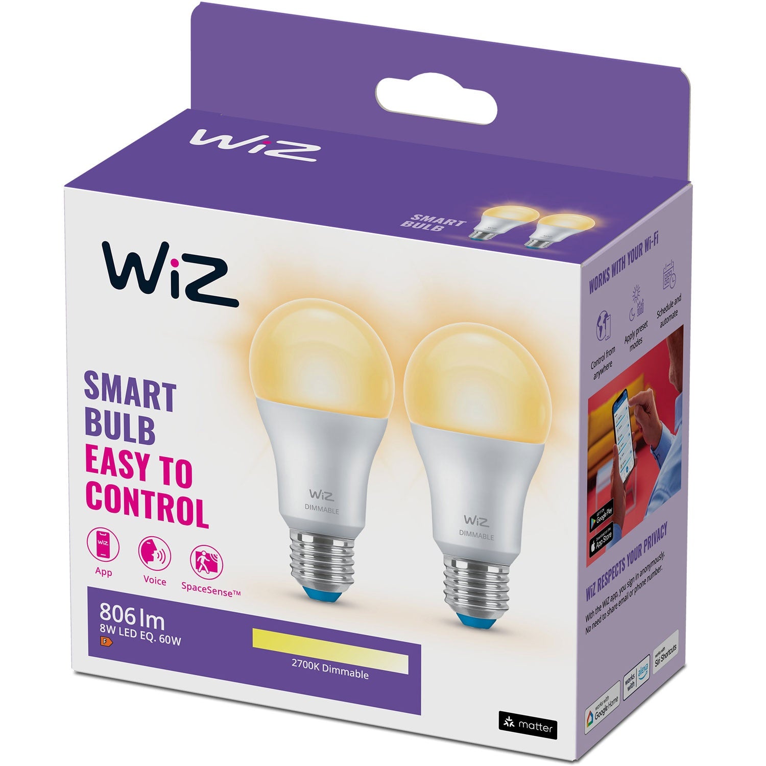WiFi Smart LED E27 Normal 60W 806lm Dimmable warm white 2-pack