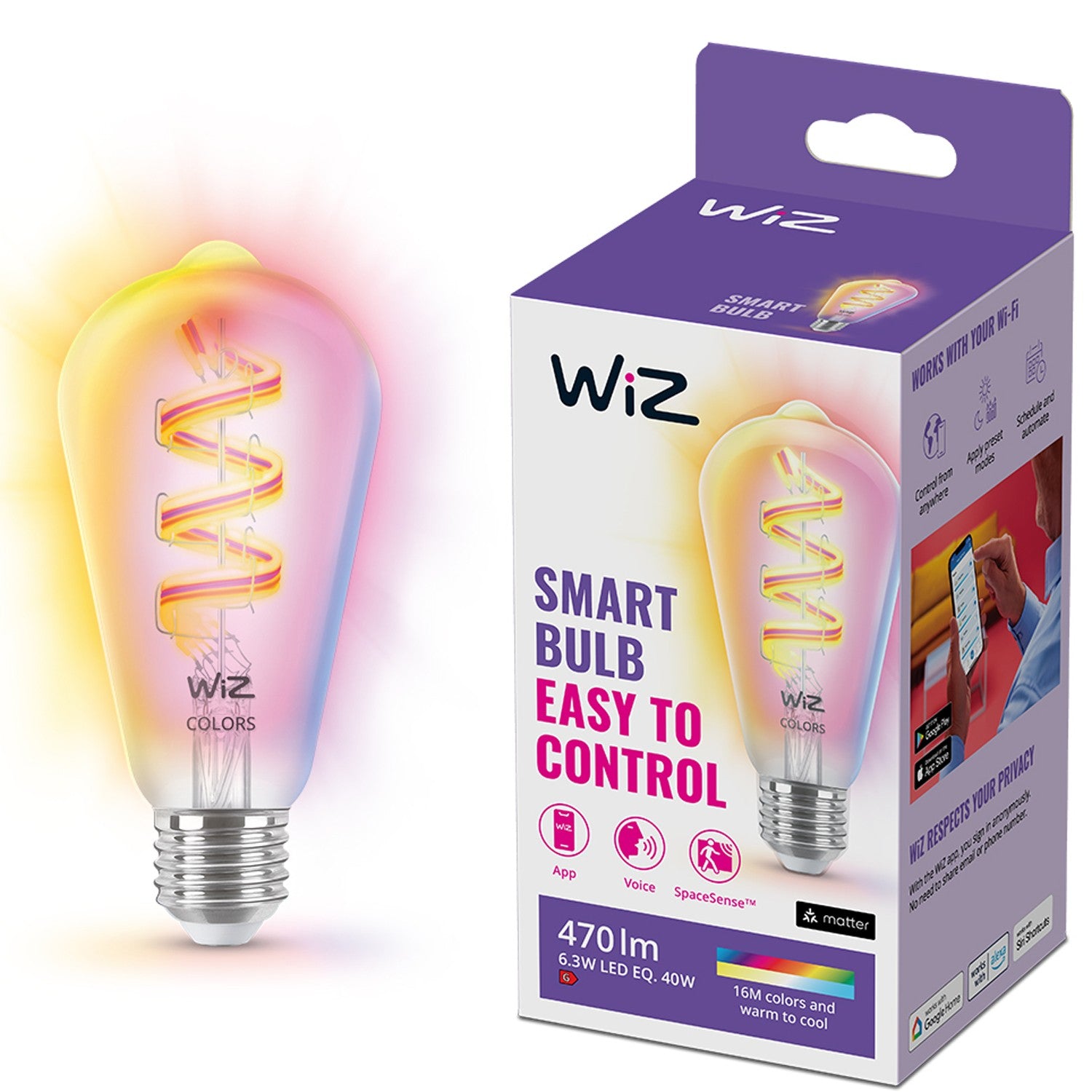 WiFi Smart LED E27 ST64 40W Filament Color + Warm-cool white 470lm
