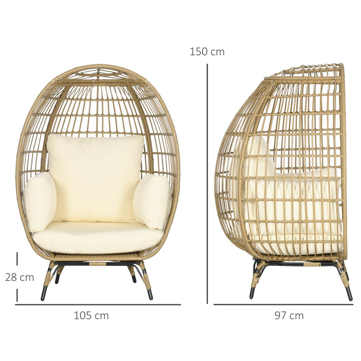 Wicker Rattan Chair Rattan Chair With Seat Cushion Raised Garden Chair For Balcony Patio Metal Khaki 105 X 97 X 150 Cm