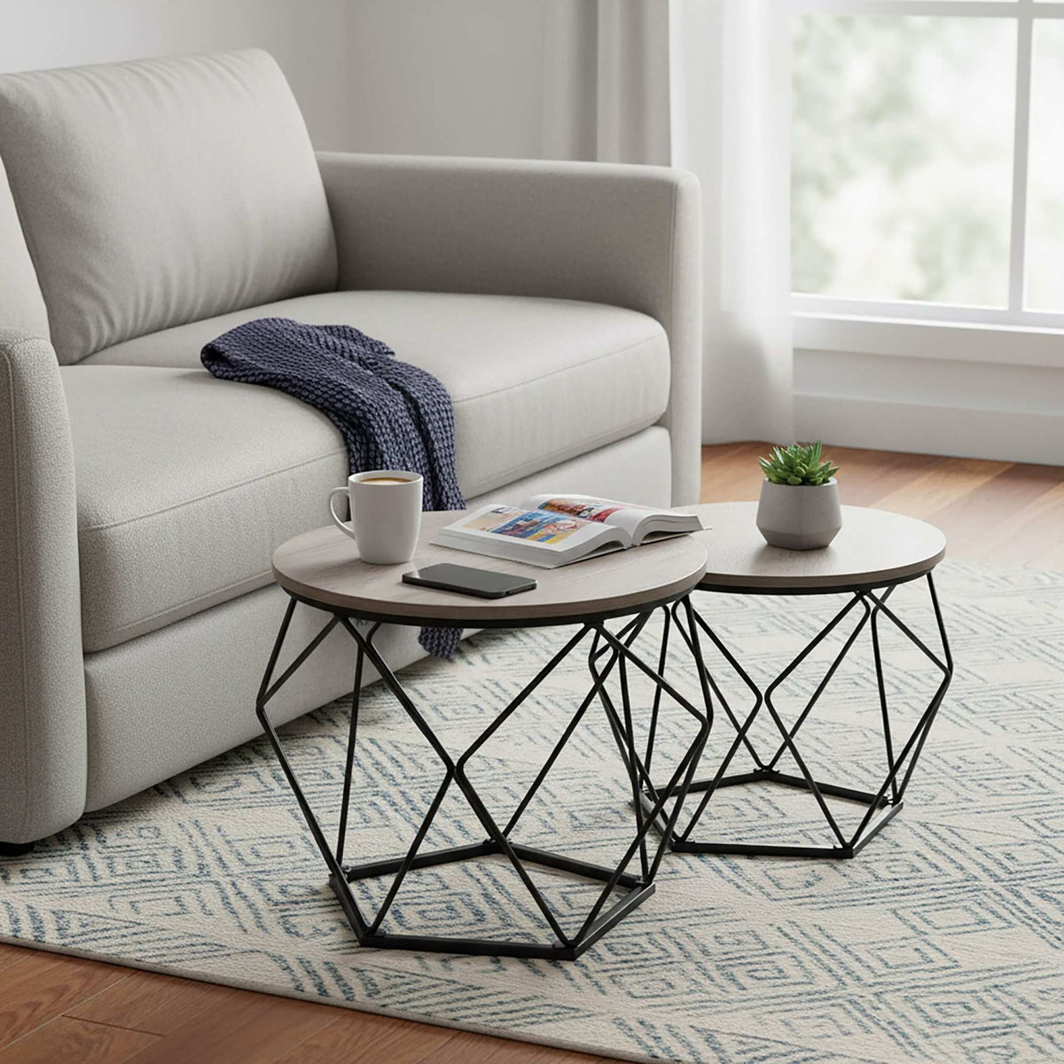 Wicker Side Tables Set, Removable Tray Tops, 2 Pieces