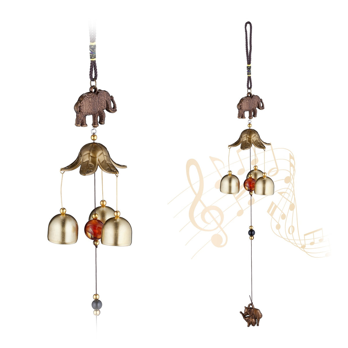 Wind Chimes Set of 2, Metal with Elephant Figurine