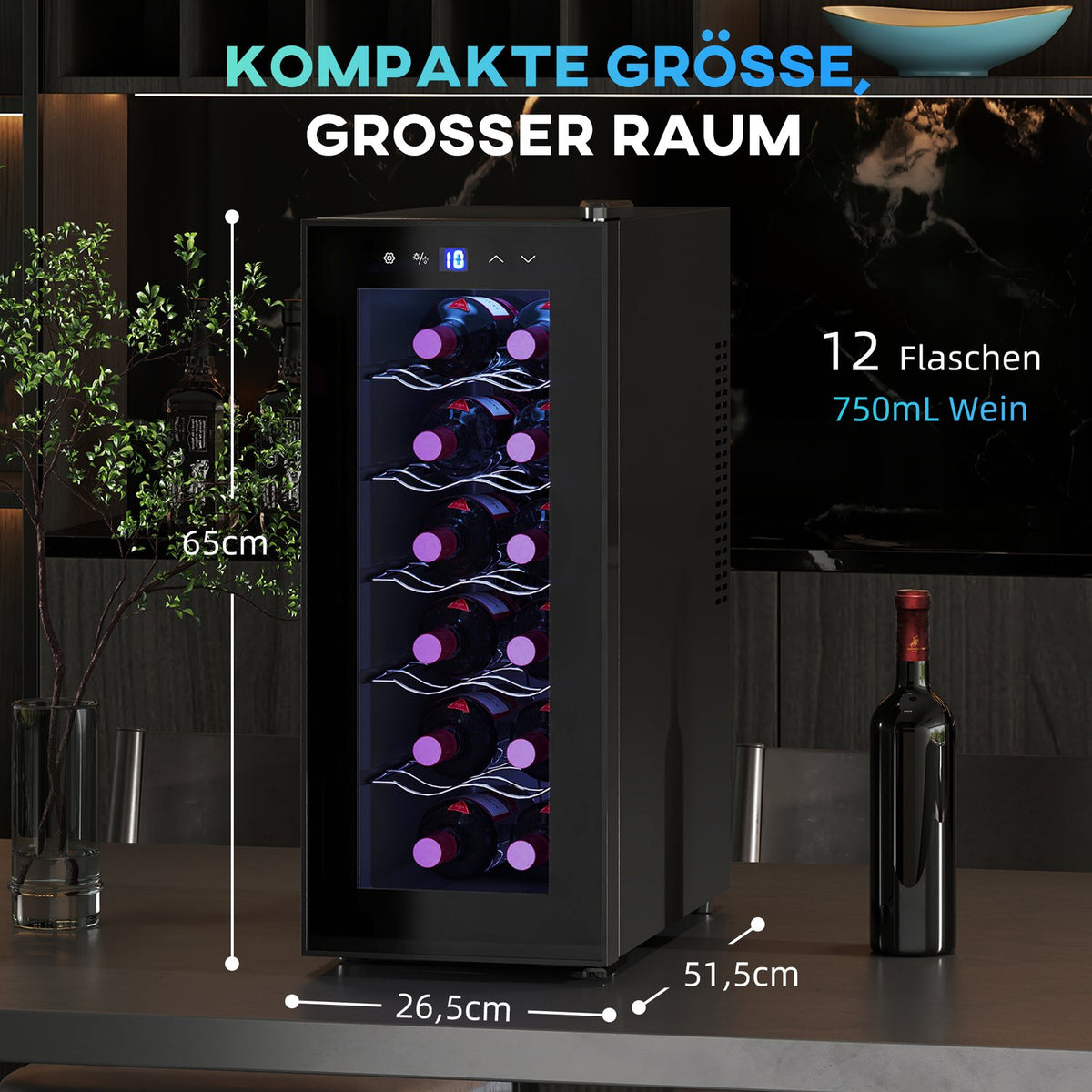 Wine Fridge 12 Bottles 30L 8-18℃ Double Thermoelectric Bottle Fridge with Glass Door, Drinks Fridge with LED Light, Small Wine Cabinet with Touch Screen Black