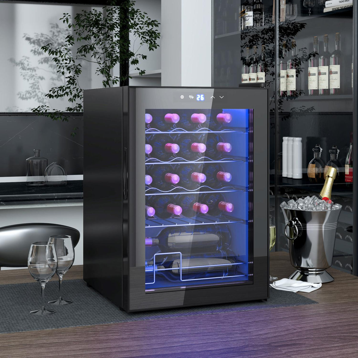 Wine Fridge 20 Bottles 53L 5-18℃ Compressor Drinks Fridge with Anti-UV Glass Door, Bottle Fridge with LED Light, Small Wine Cabinet with Touch Screen Black