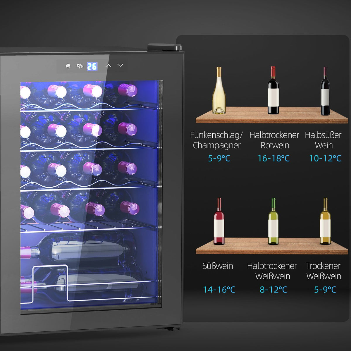 Wine Fridge 20 Bottles 53L 5-18℃ Compressor Drinks Fridge with Anti-UV Glass Door, Bottle Fridge with LED Light, Small Wine Cabinet with Touch Screen Black