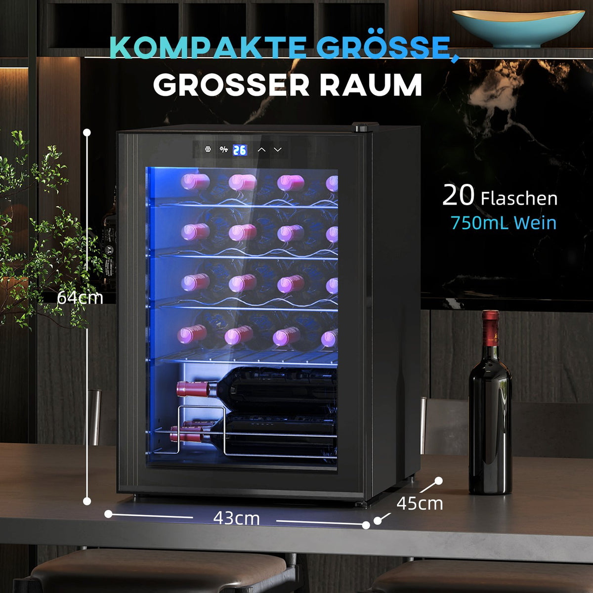 Wine Fridge 20 Bottles 53L 5-18℃ Compressor Drinks Fridge with Anti-UV Glass Door, Bottle Fridge with LED Light, Small Wine Cabinet with Touch Screen Black