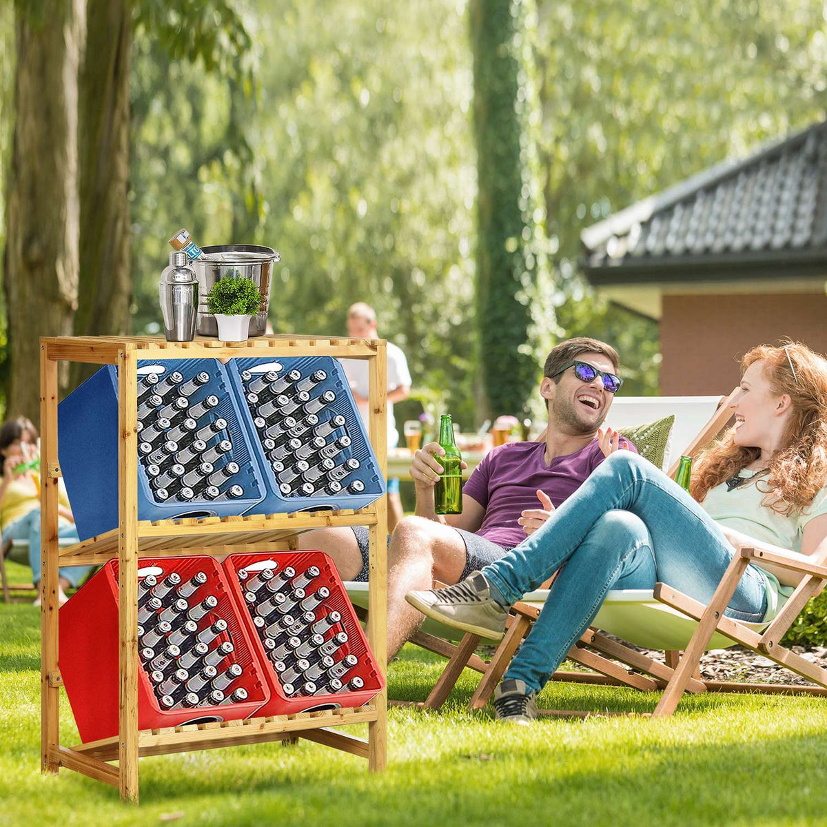 Wine Rack Bottle Rack, Wine Holder With 2 Tilted Shelves, Standing Shelf For Patio & Garden, Natural, 74X45X111 Cm