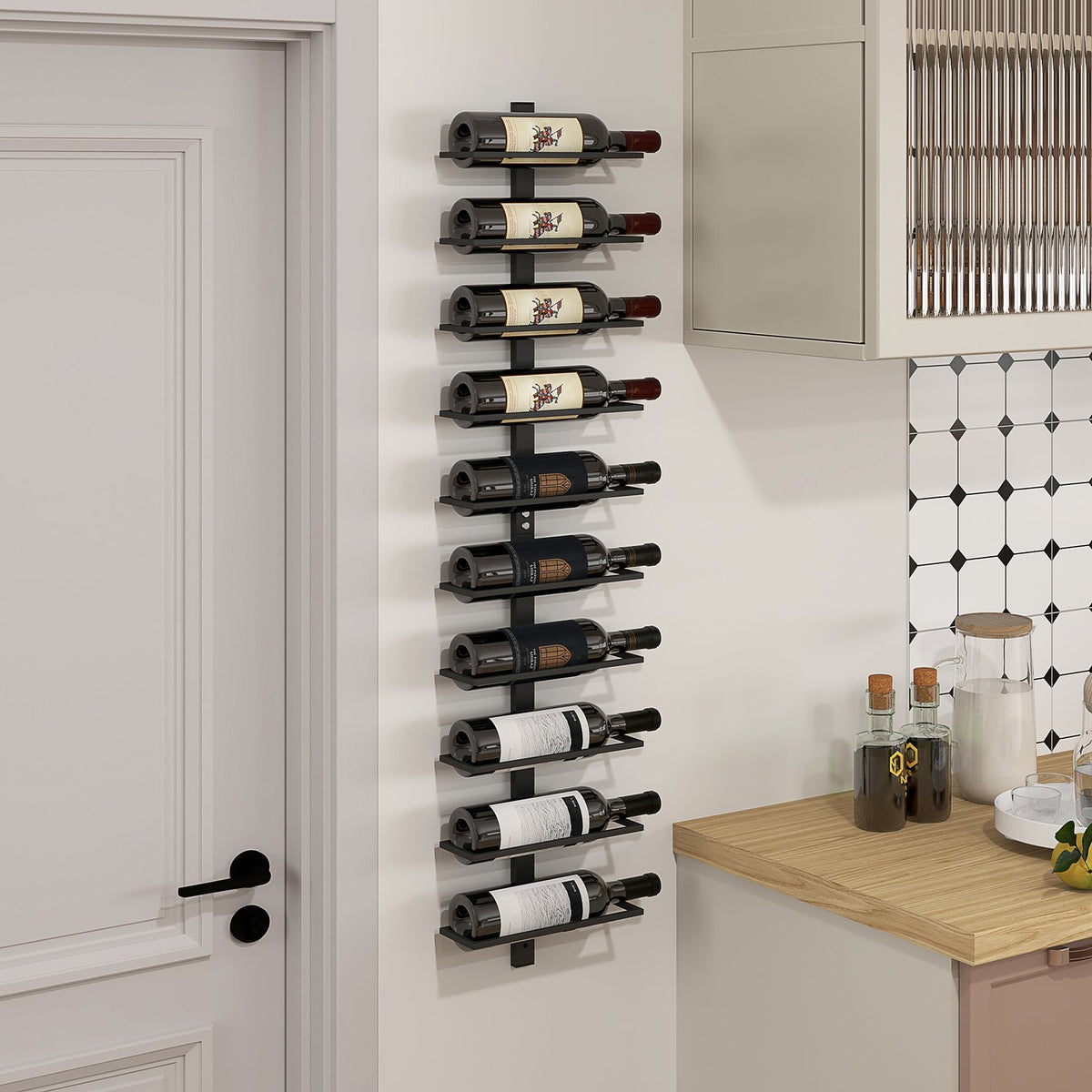 Wine Rack Bottle Rack for 10 Wine Bottles, Wall Mounted Bottle Holder Steel Storage Rack, Wine Bottle Rack for Kitchen, Dining Room Black