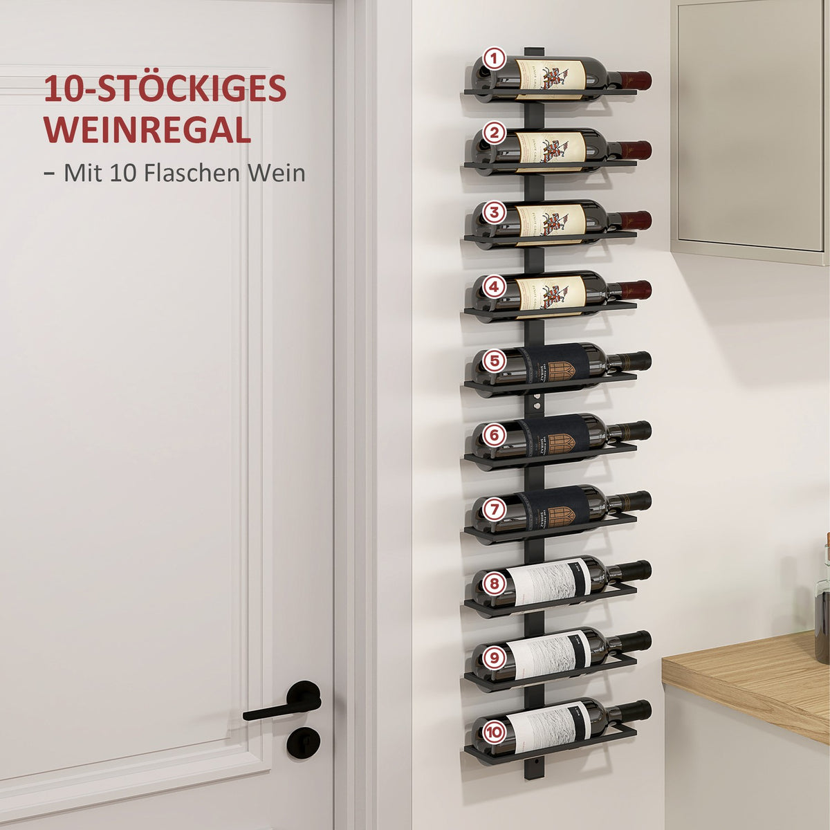 Wine Rack Bottle Rack for 10 Wine Bottles, Wall Mounted Bottle Holder Steel Storage Rack, Wine Bottle Rack for Kitchen, Dining Room Black