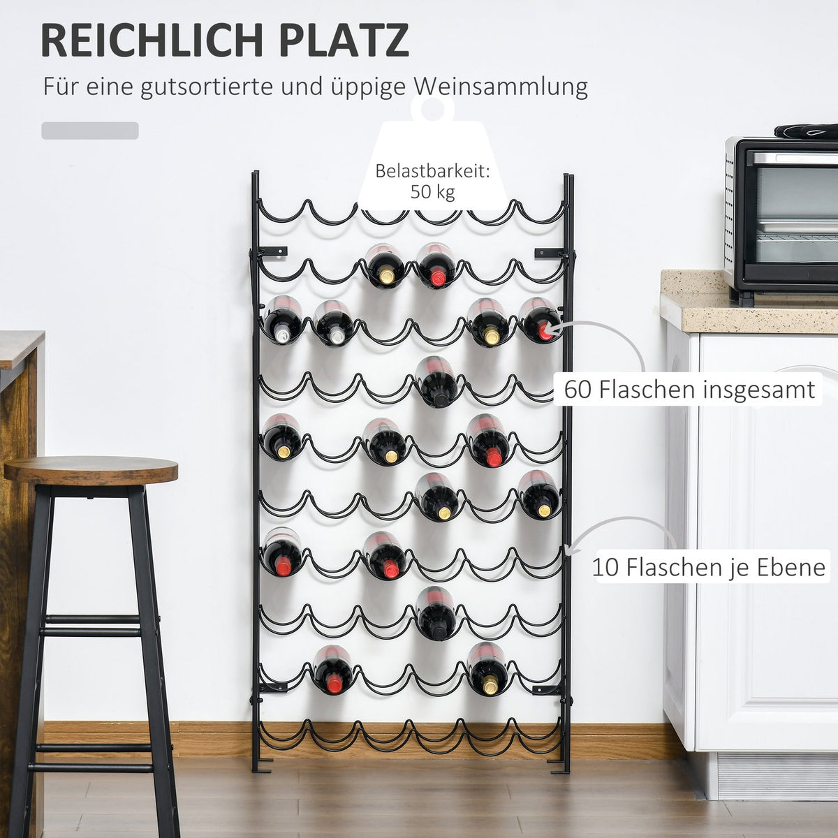 Wine Rack For 60 Bottles Wall Mountable Bottle Rack, Metal Wine Rack, Black