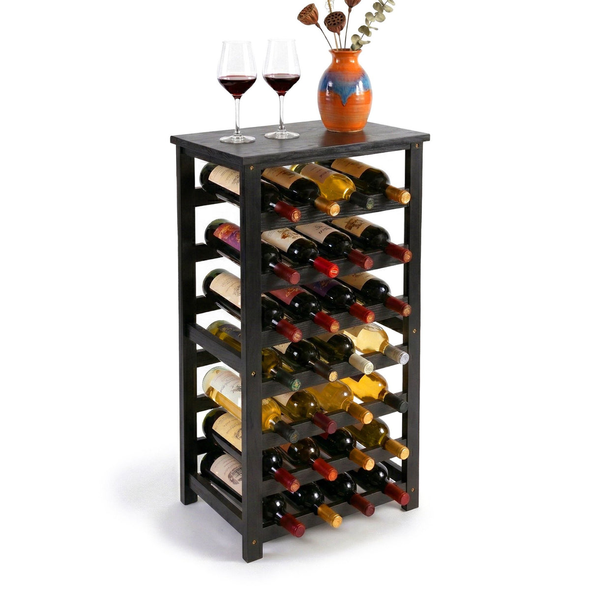 Wine Rack, Walnut Wood, Holds 28 Bottles, Horizontal Storage