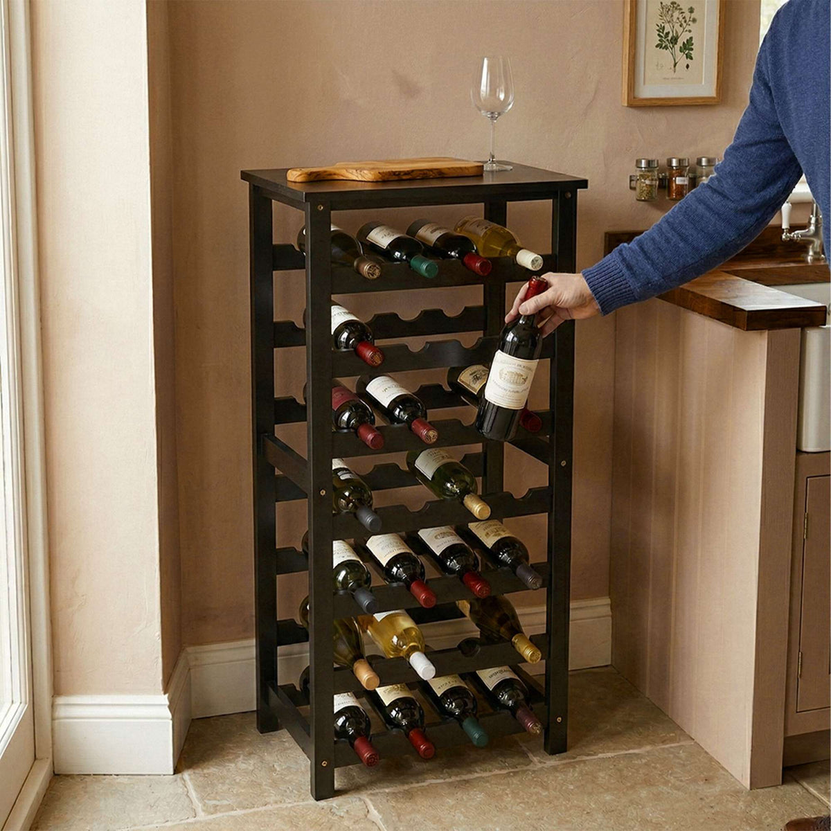 Wine Rack, Walnut Wood, Holds 28 Bottles, Horizontal Storage