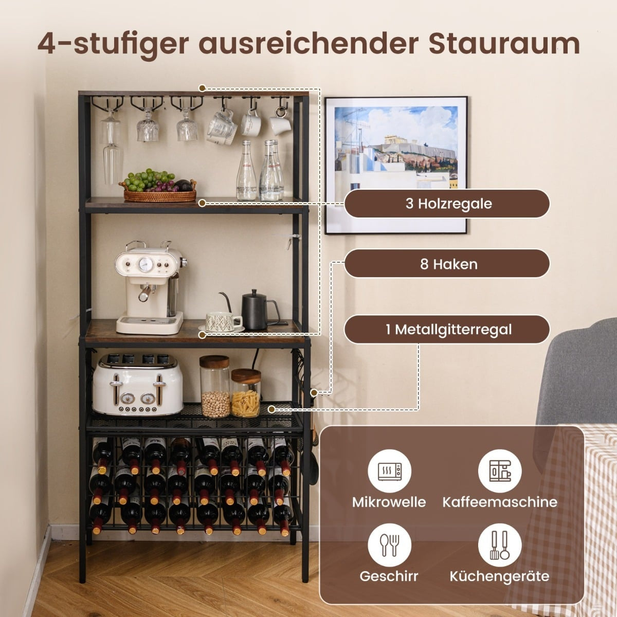 Wine Rack with Outlet, Glass & Cup Holders, 8 Hooks