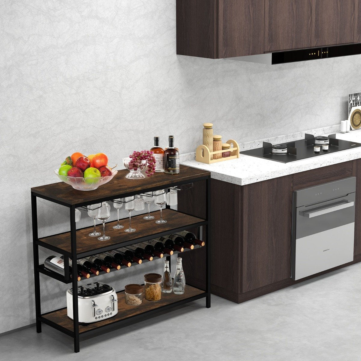 Wine cabinet for 13 wine bottles with 4 rows of glass holders. Industrial bar cabinet with wine rack
