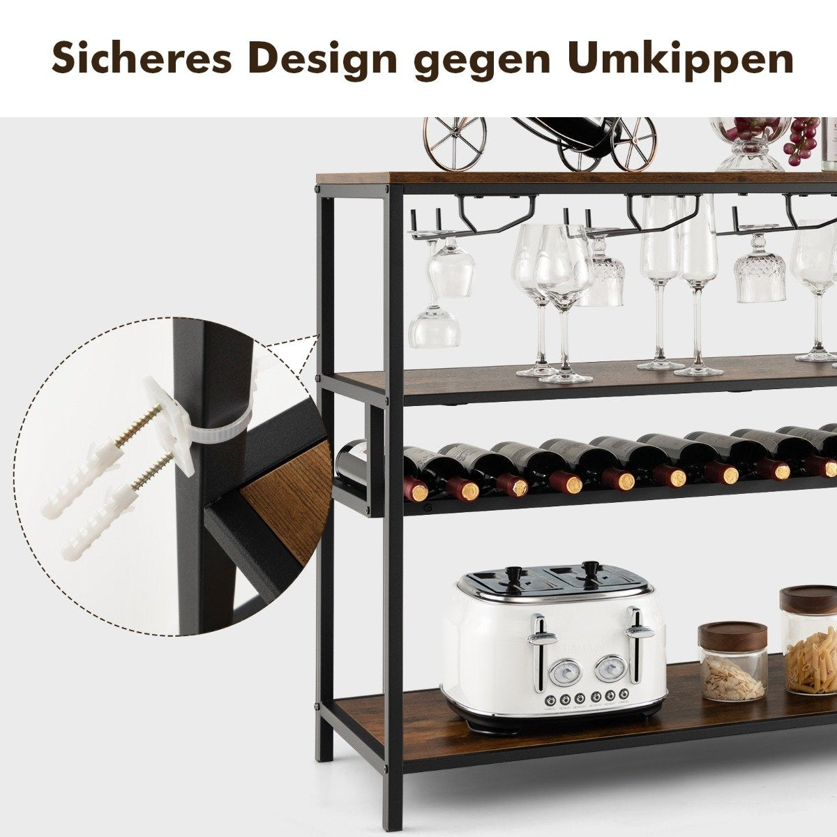 Wine cabinet for 13 wine bottles with 4 rows of glass holders. Industrial bar cabinet with wine rack