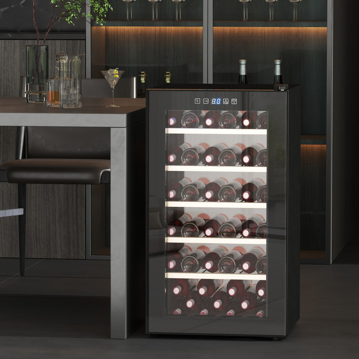 Wine fridge 41 bottles 91L 5-20? Compressor Drinks Refrigerator with Glass Door, LED Light Bottle Fridge with Touch Screen, Small Wine Cabinet Black