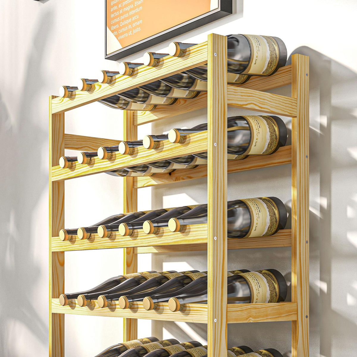Wine rack, 63 x 25 x 102 cm, bottle rack for 42 wine bottles, with 7 levels, standing shelf, wine holder with anti-tip protection, wood, natural