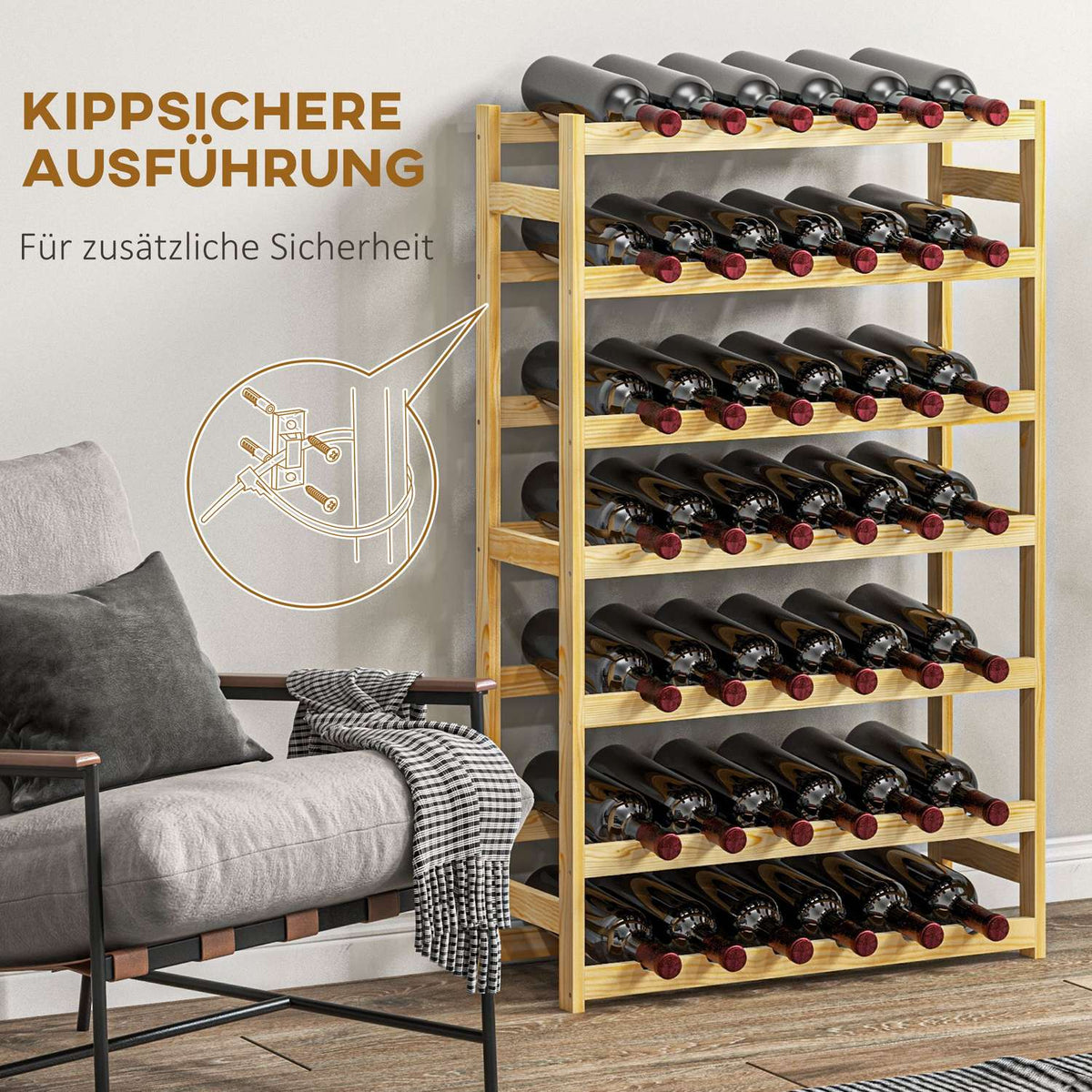 Wine rack, 63 x 25 x 102 cm, bottle rack for 42 wine bottles, with 7 levels, standing shelf, wine holder with anti-tip protection, wood, natural