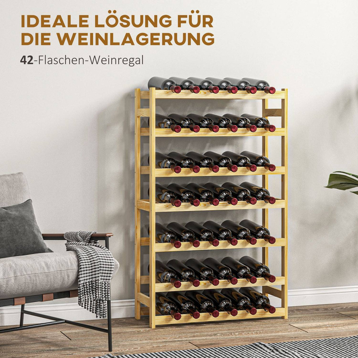 Wine rack, 63 x 25 x 102 cm, bottle rack for 42 wine bottles, with 7 levels, standing shelf, wine holder with anti-tip protection, wood, natural