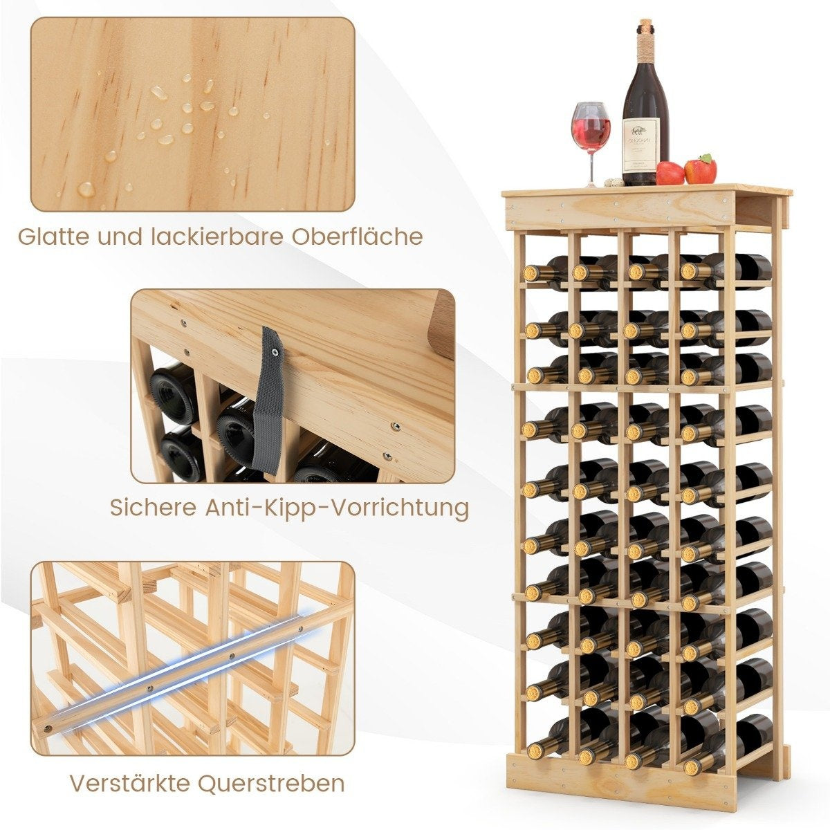 Wine rack made of solid wood for 40 bottles with anti-tip protection, wine holder, natural