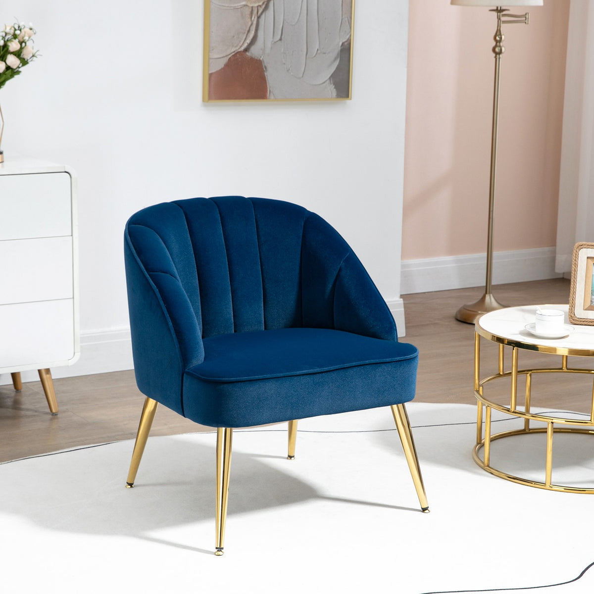 Wing Chair, Lounge Chair, Upholstered Chair With Velvet Look, Relaxation Chair, Armchair With Steel Legs, Make-Up Chair, Dark Blue, 65 X 64 X 77 Cm