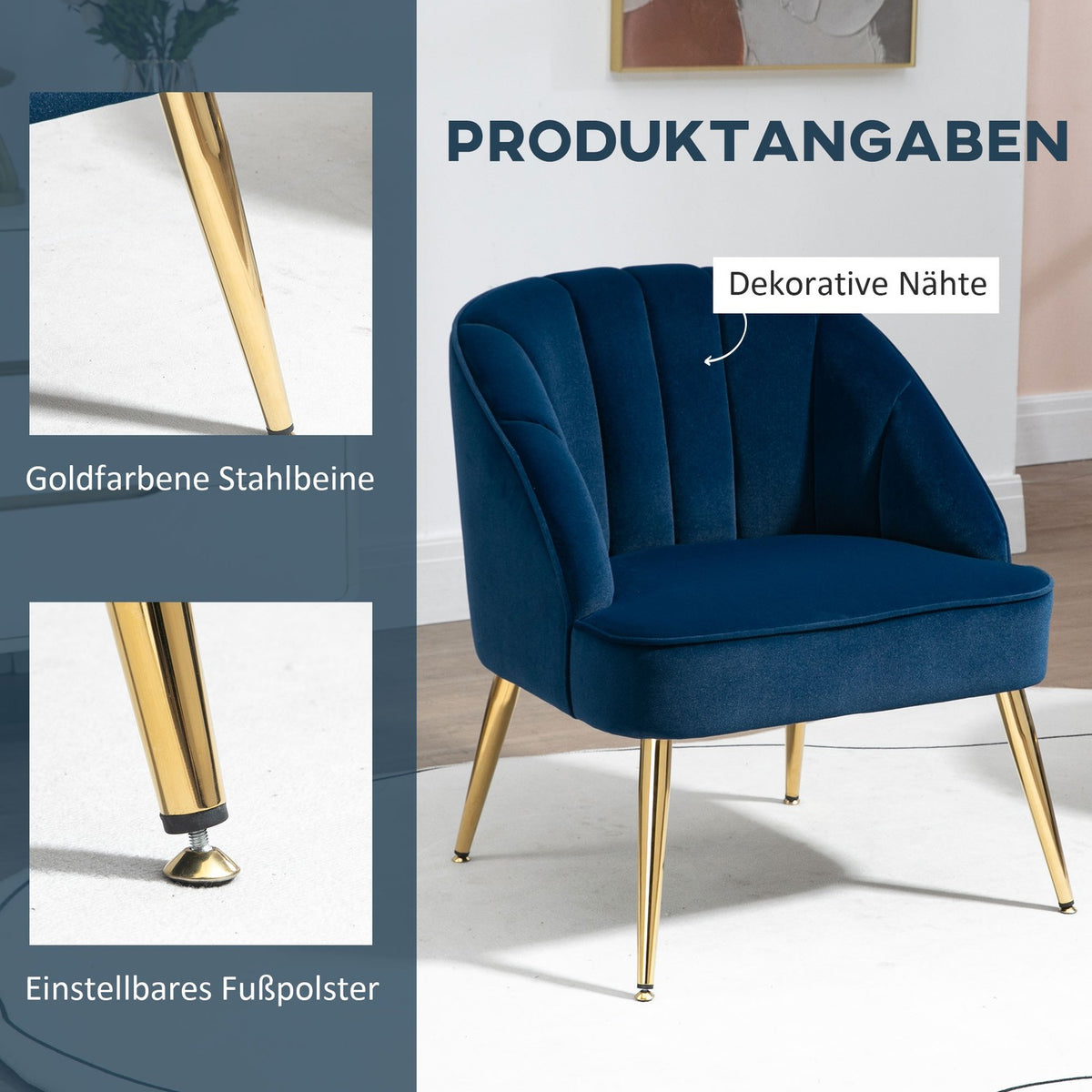 Wing Chair, Lounge Chair, Upholstered Chair With Velvet Look, Relaxation Chair, Armchair With Steel Legs, Make-Up Chair, Dark Blue, 65 X 64 X 77 Cm