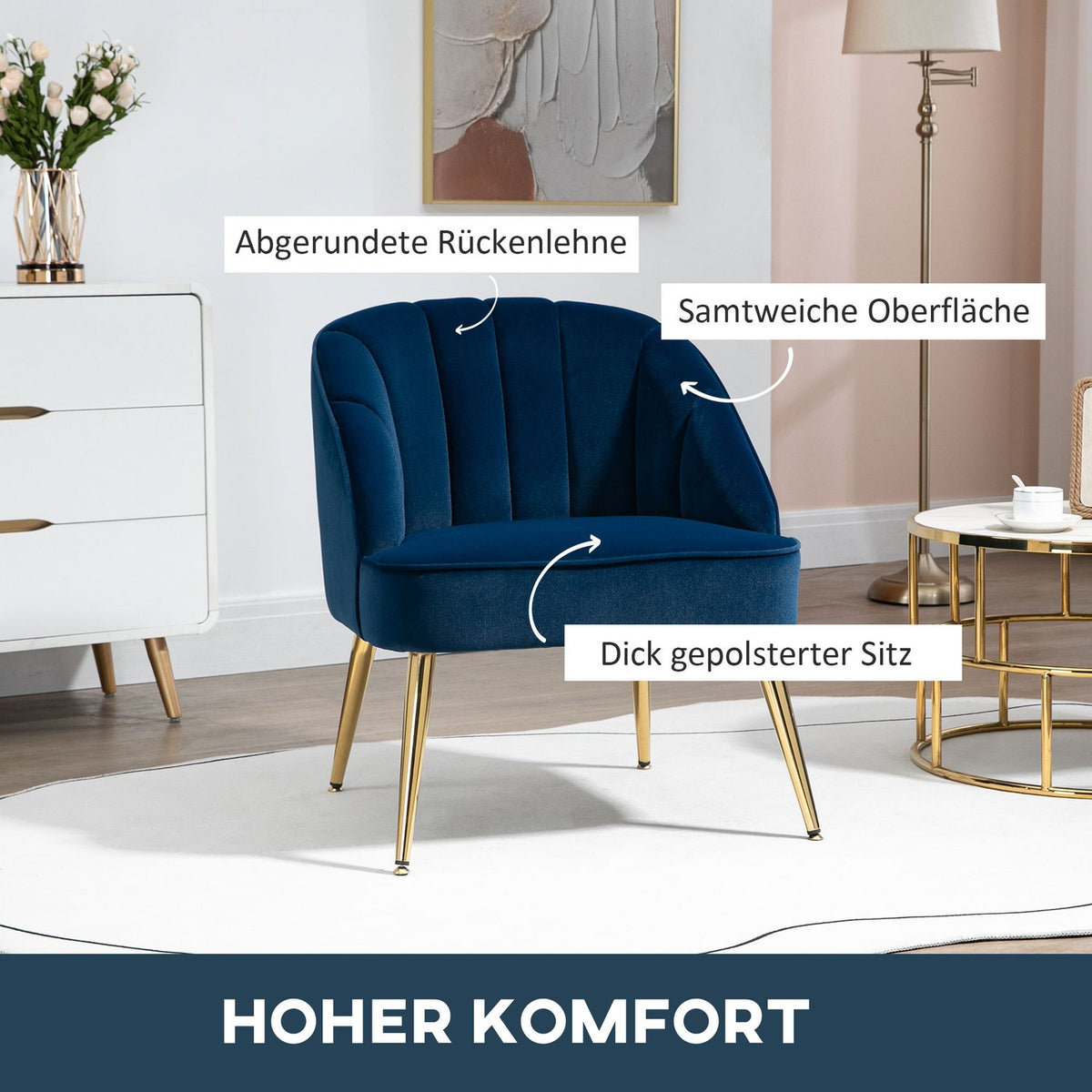 Wing Chair, Lounge Chair, Upholstered Chair With Velvet Look, Relaxation Chair, Armchair With Steel Legs, Make-Up Chair, Dark Blue, 65 X 64 X 77 Cm