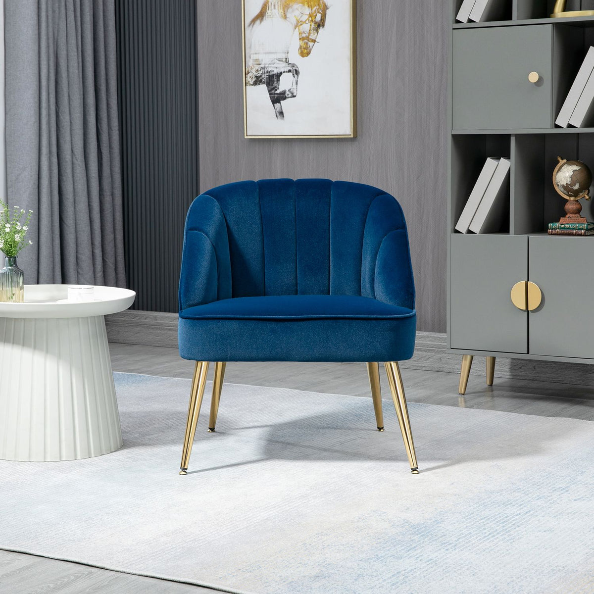 Wing Chair, Lounge Chair, Upholstered Chair With Velvet Look, Relaxation Chair, Armchair With Steel Legs, Make-Up Chair, Dark Blue, 65 X 64 X 77 Cm