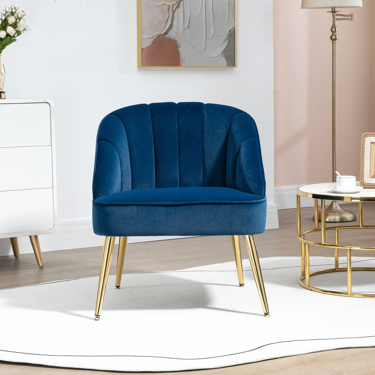 Wing Chair, Lounge Chair, Upholstered Chair With Velvet Look, Relaxation Chair, Armchair With Steel Legs, Make-Up Chair, Dark Blue, 65 X 64 X 77 Cm