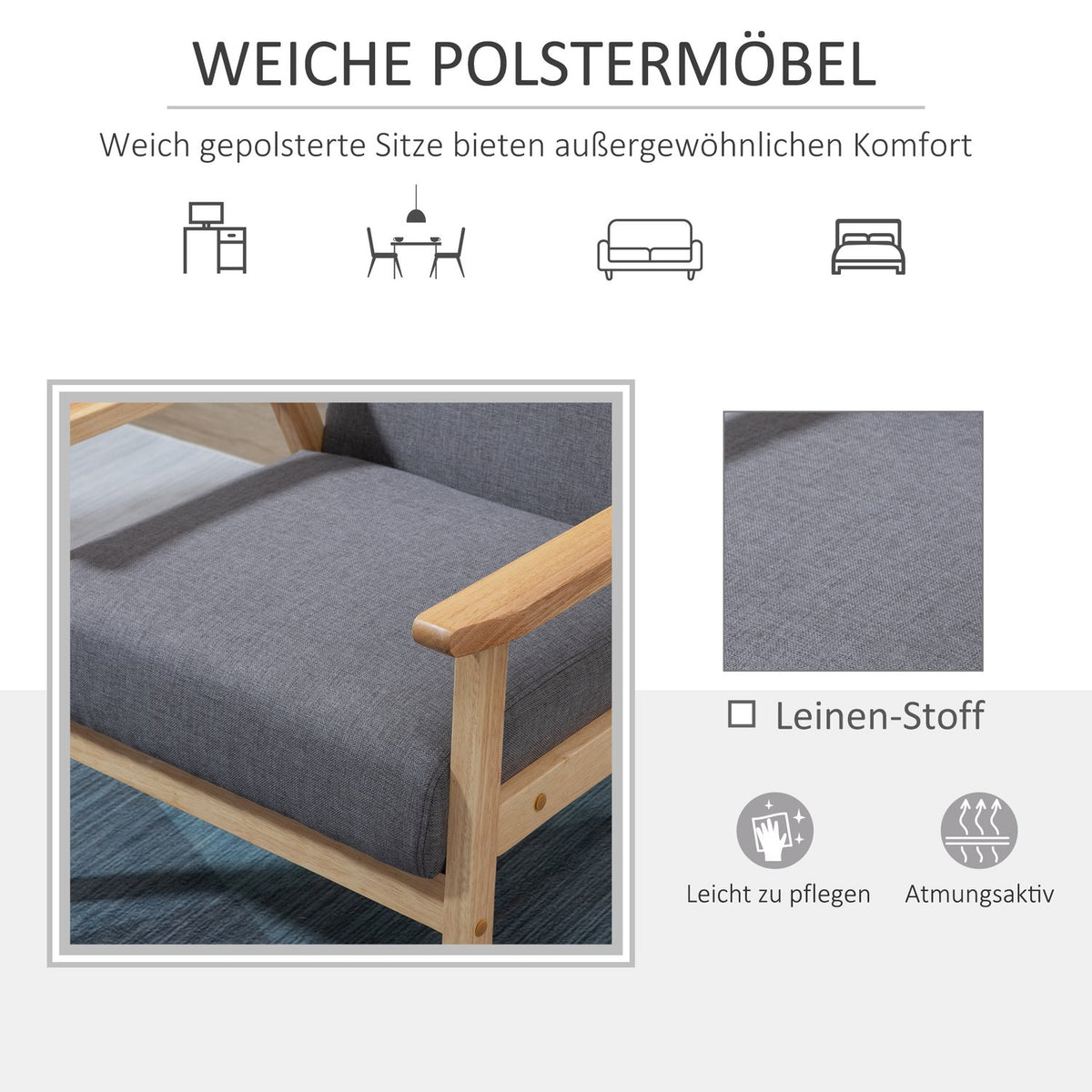 Wing Chair, Lounge Chair With Armrests, Dining Chair, Relaxation Chair In Linen Look, Upholstered Chair, Solid Wood Frame, Gray, 64 X 70 X 72 Cm
