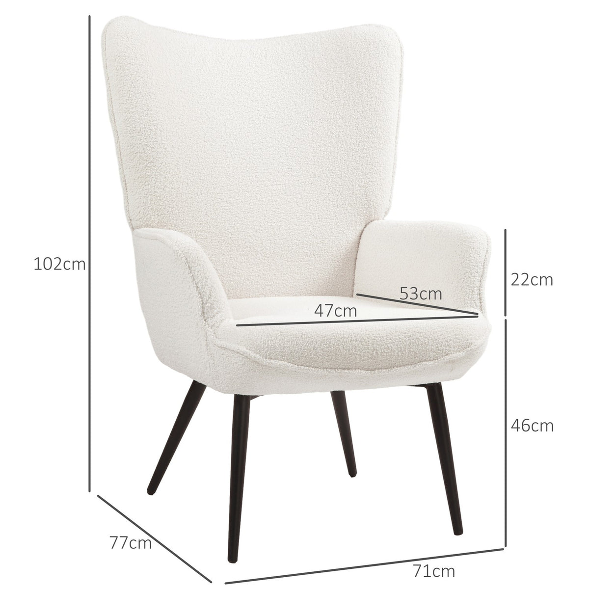 Wing Chair, Padded Relax Chair with Armrest, Metal Legs, Lounge Chair for Living Room, Bedroom, Cream White