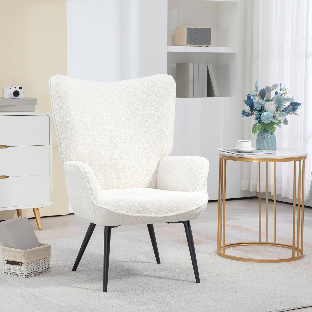 Wing Chair, Padded Relax Chair with Armrest, Metal Legs, Lounge Chair for Living Room, Bedroom, Cream White