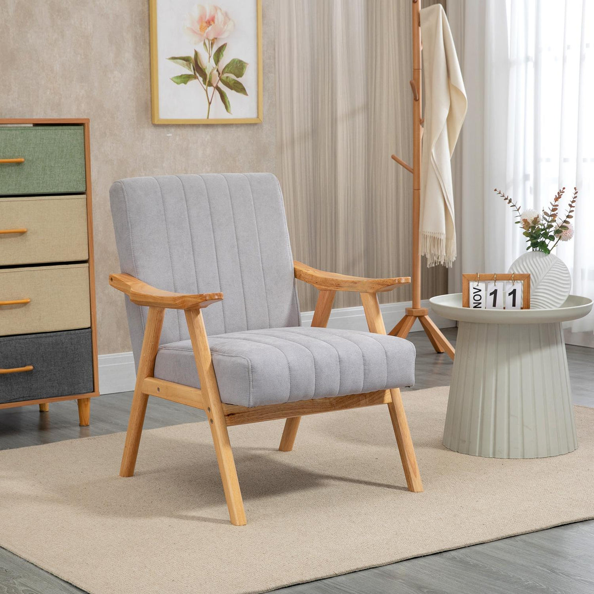 Wing Chair, Upholstered Chair With Armrests, Lounge Chair In Velvet Look, Relaxation Chair With Scandi Design, Armchair, Rubber Wood Legs, Light Gray