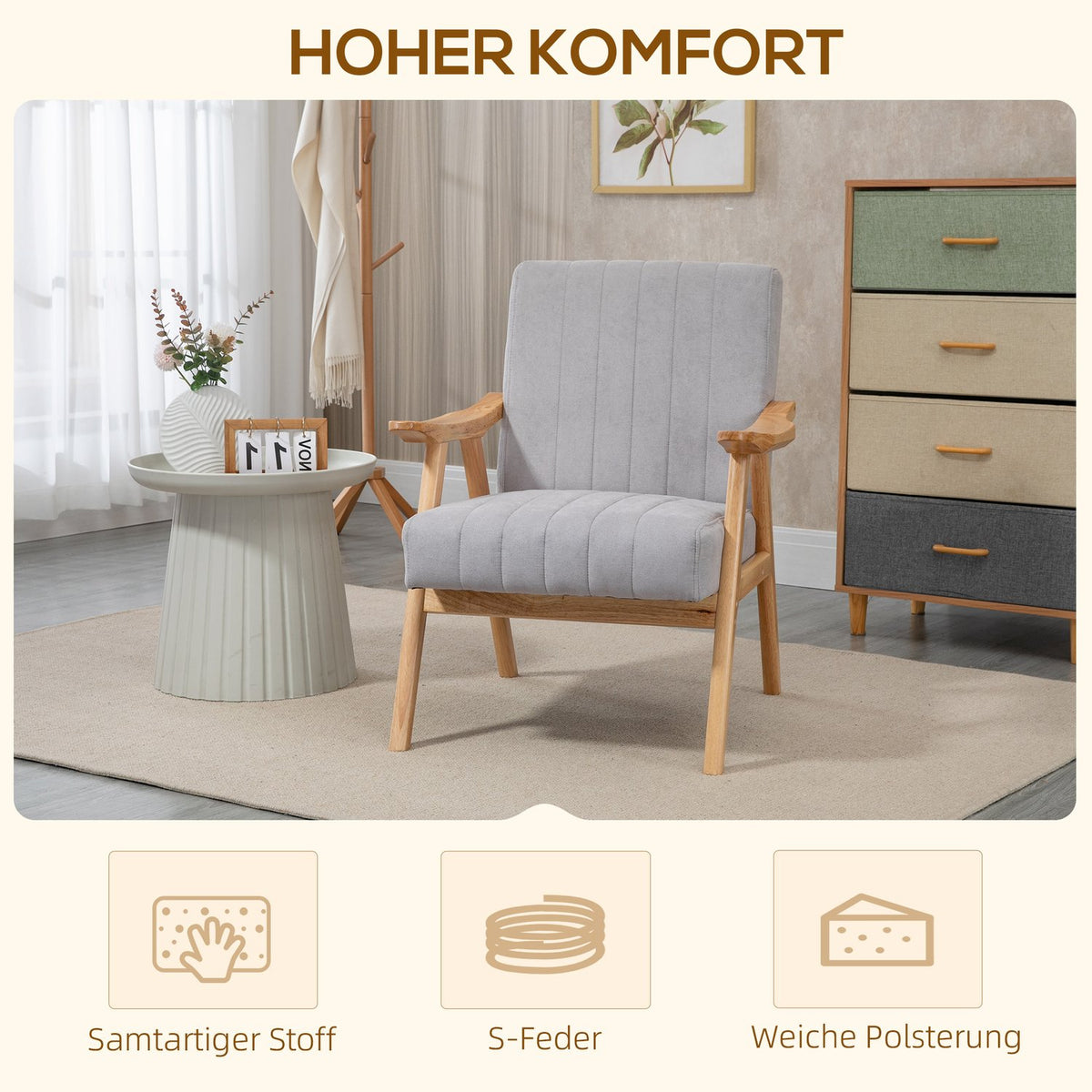 Wing Chair, Upholstered Chair With Armrests, Lounge Chair In Velvet Look, Relaxation Chair With Scandi Design, Armchair, Rubber Wood Legs, Light Gray