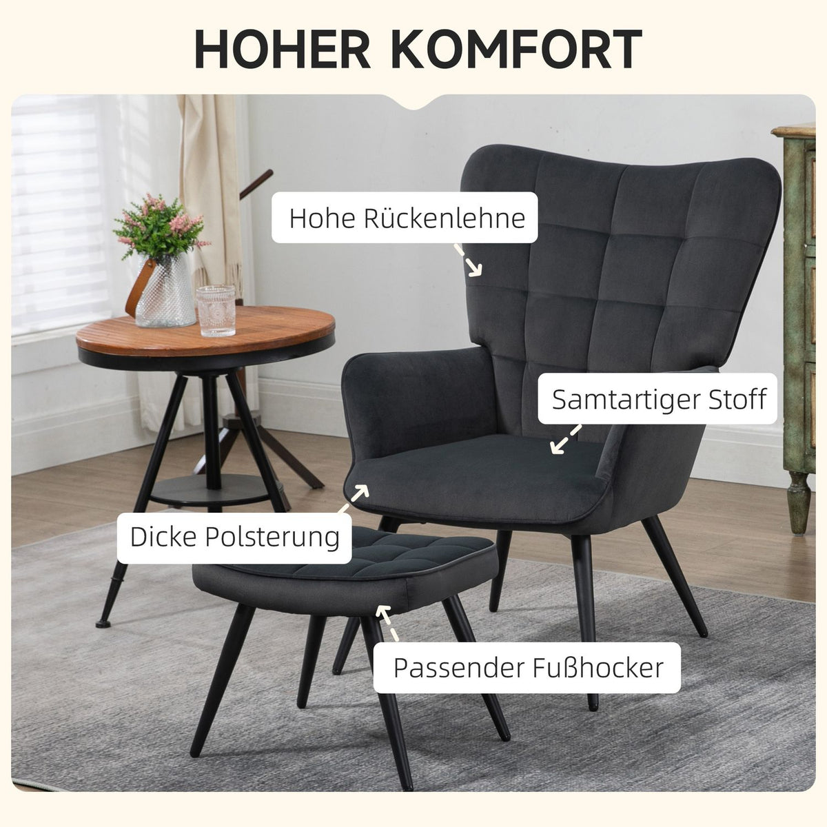 Wing Chair With Stool, Lounge Chair, Relaxation Chair, Upholstered Chair With Velvet Look Up To 120 Kg, For Living Room, Dark Gray