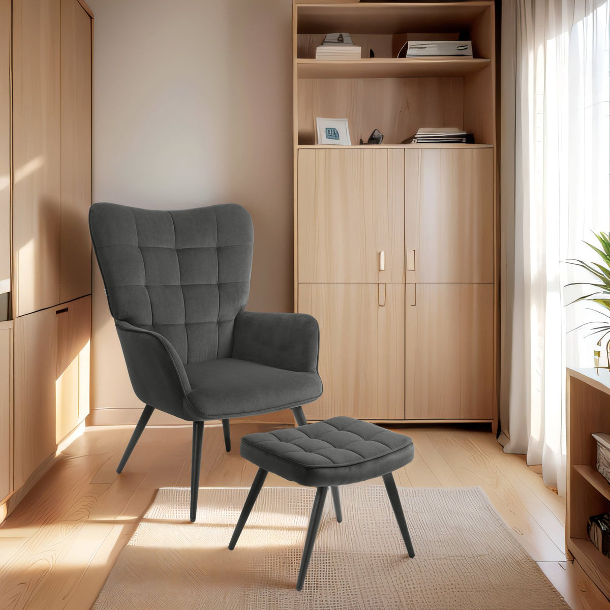 Wing Chair With Stool, Lounge Chair, Relaxation Chair, Upholstered Chair With Velvet Look Up To 120 Kg, For Living Room, Dark Gray