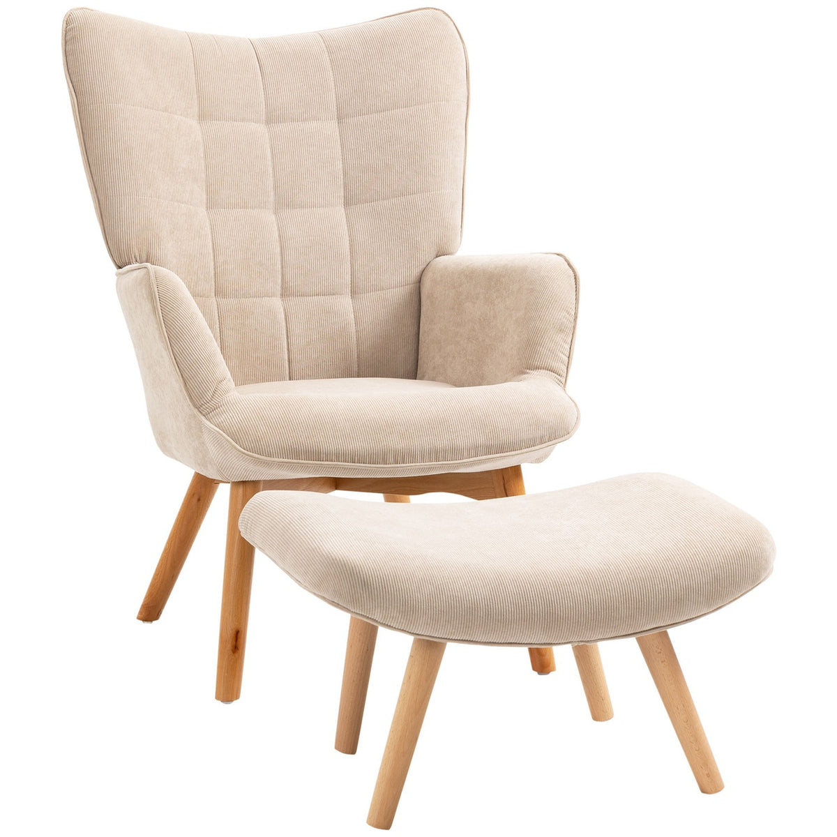 Wing Chair With Stool, Relaxation Chair, Upholstered Chair In Corduroy Look, Lounge Chair, Armchair With Wooden Legs, Tv Chair For Living Room, Beige