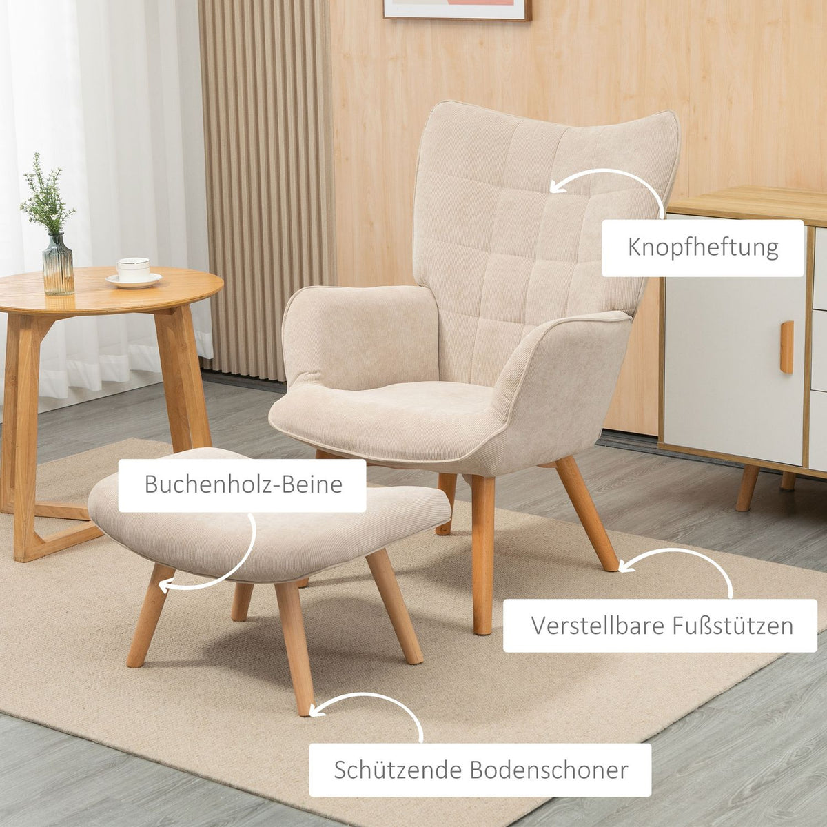 Wing Chair With Stool, Relaxation Chair, Upholstered Chair In Corduroy Look, Lounge Chair, Armchair With Wooden Legs, Tv Chair For Living Room, Beige
