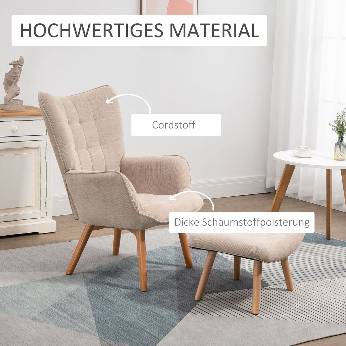 Wing Chair With Stool, Relaxation Chair, Upholstered Chair In Corduroy Look, Lounge Chair, Armchair With Wooden Legs, Tv Chair For Living Room, Beige
